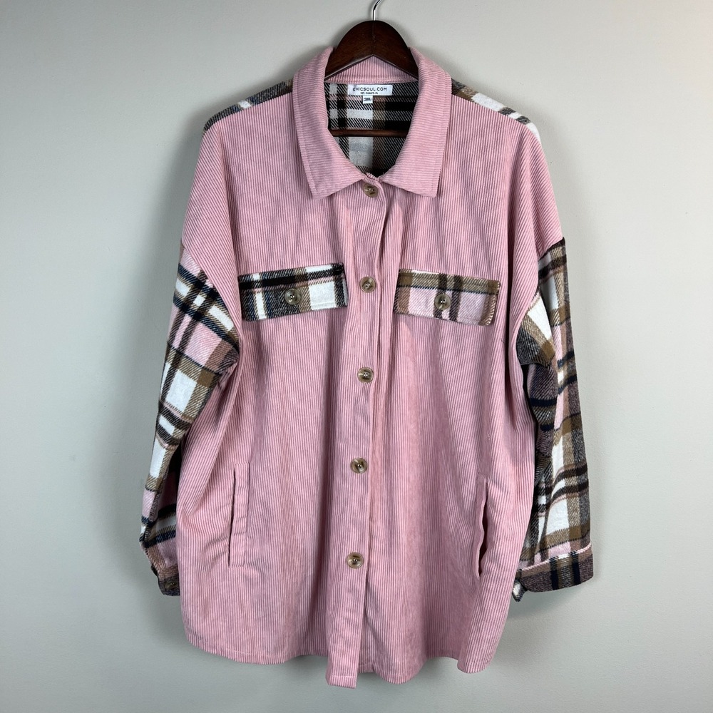 CHICSOUL Corduroy Shacket Jacket Womens 3XL Pink Plaid MIxed Media Oversized